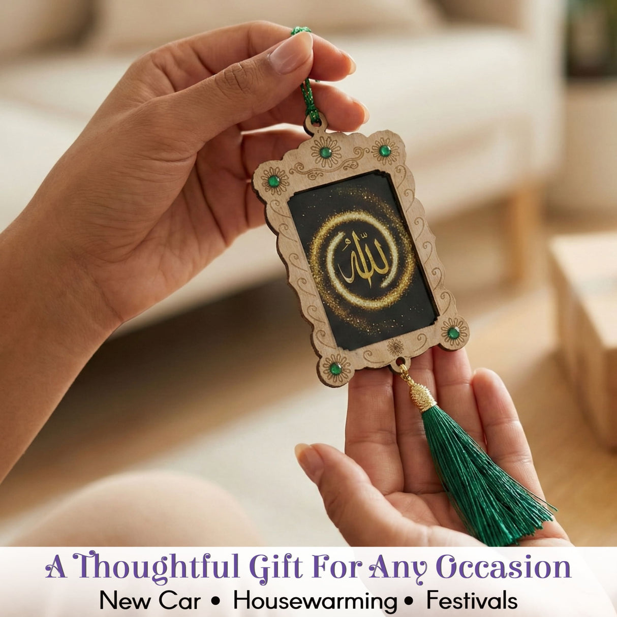 Islamic Allah car hanging ornament with gold calligraphy on black background