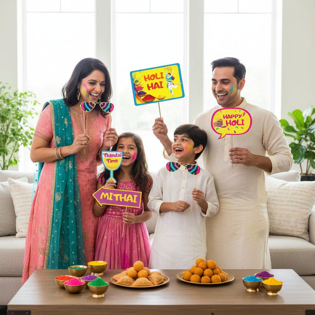 Family of four in festive Holi attire with colorful signs, props, vibrant paint