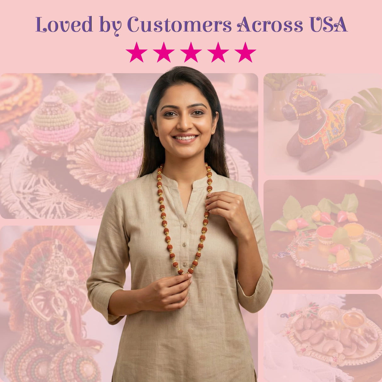 Woman in beige cotton kurta wearing 5 face Rudraksha Mala necklace