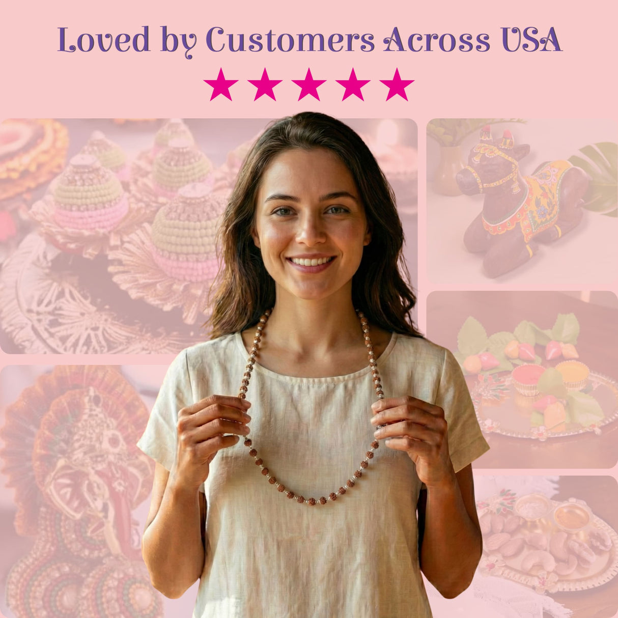 Certified 5 mukhi Rudraksha mala necklace with brown beads for meditation