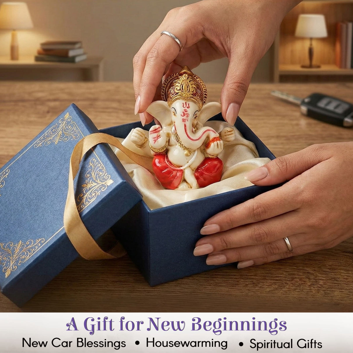 Cream and red resin Ganesha figurine with gold details for car dashboard