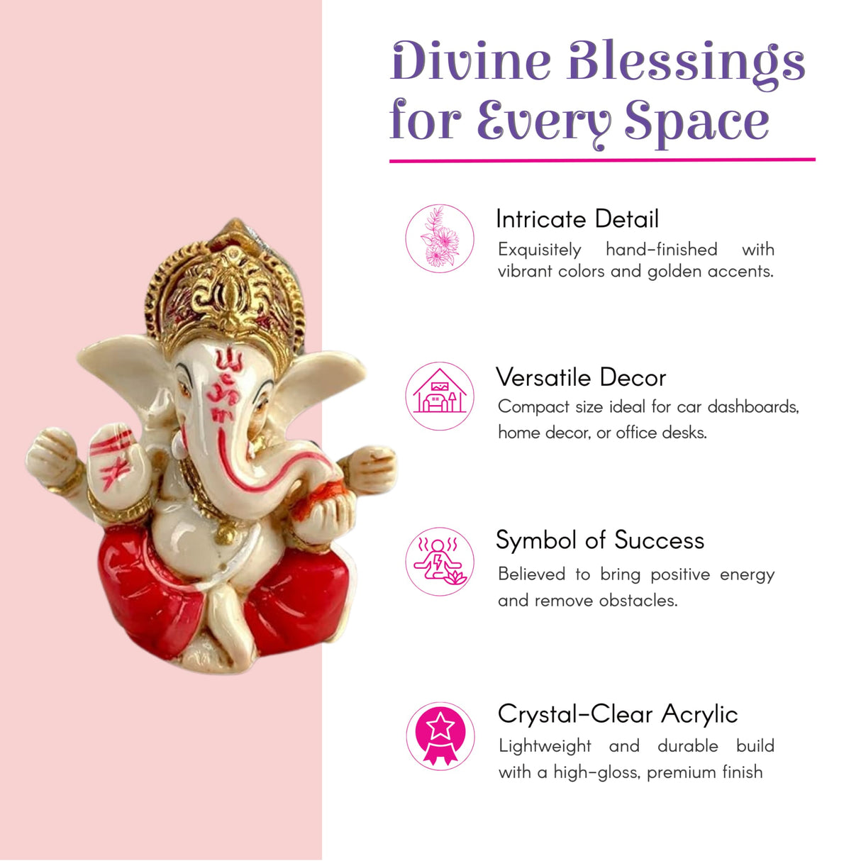 1 Ct Acrylic Car Ganesha Statue with cream body, red garment, golden crown