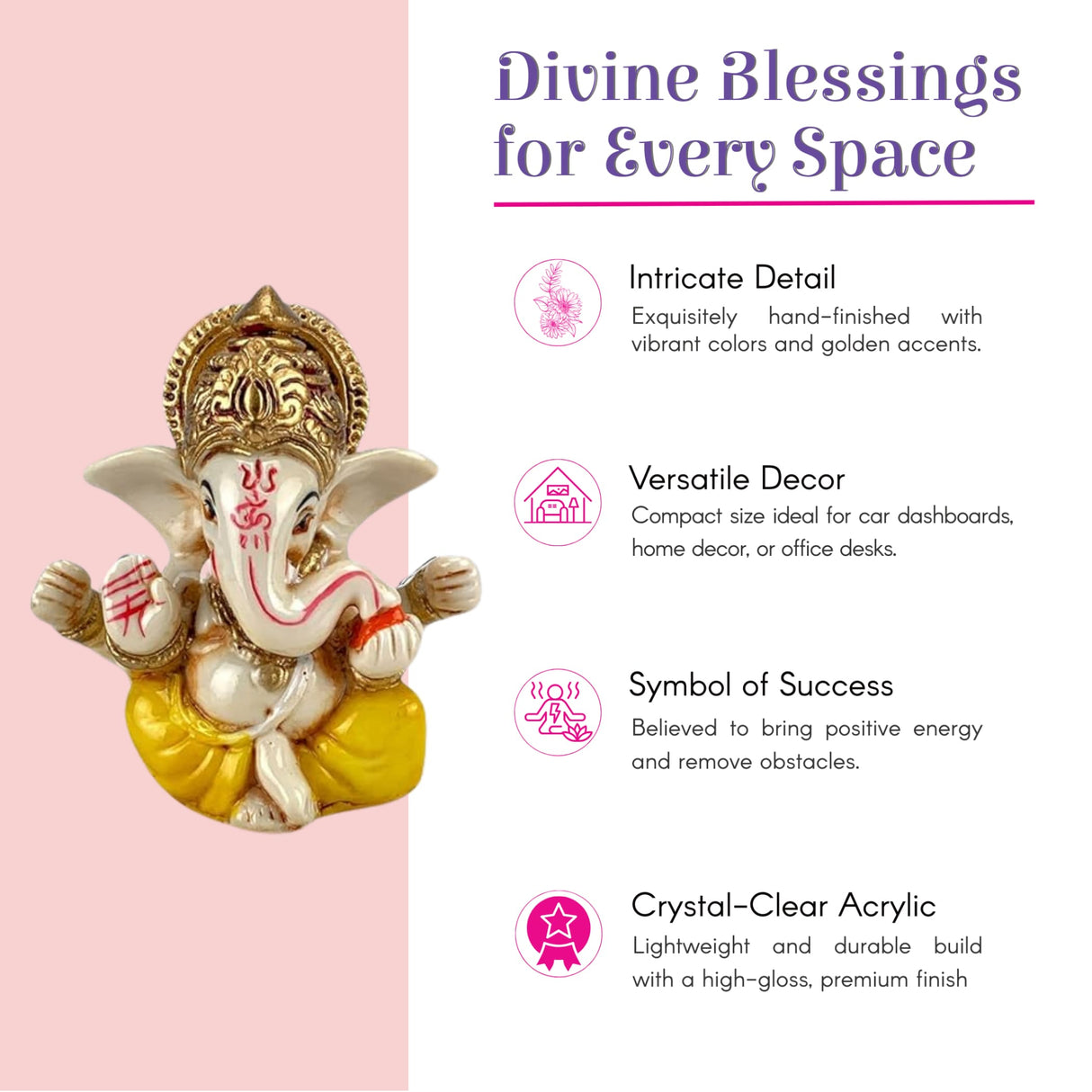 1 ct acrylic white Ganesha car dashboard statue with gold crown and yellow dhoti