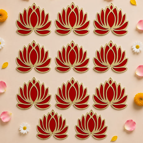 Lotus flower rangoli cutouts in red and gold colors with reusable decorative lotus-shaped design for home decor