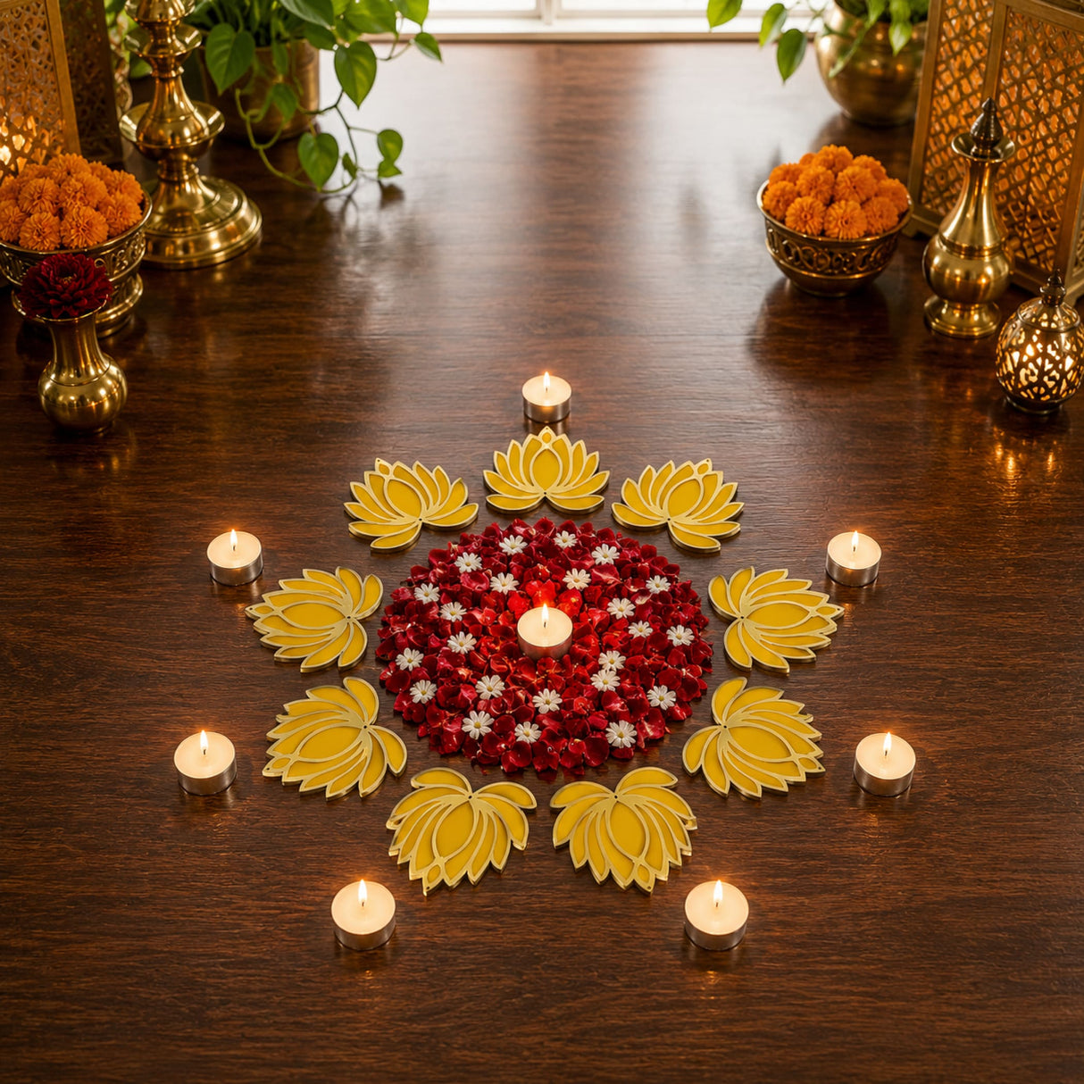 Lotus flower rangoli cutouts featuring vibrant red white floral design with golden lotus accents for festive home decor