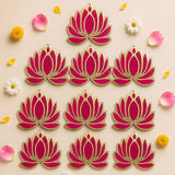 Lotus flower rangoli cutouts in pink and gold lotus shape for reusable home decor during indian festivals and weddings