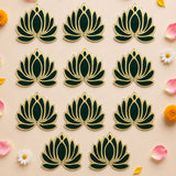 Dark green and gold lotus flower rangoli cutouts in decorative lotus shape for reusable home decor during indian festivals