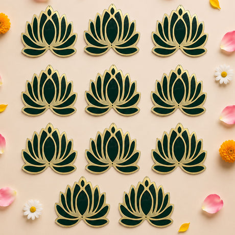 Dark green and gold lotus flower rangoli cutouts in decorative lotus shape for reusable home decor during indian festivals