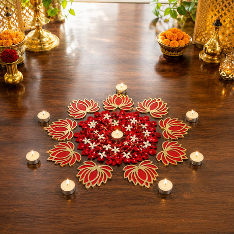 Red and gold lotus flower rangoli cutout with floral mandala design for reusable home decor during indian festivals