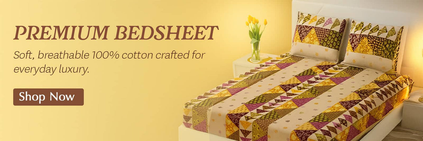 100% cotton premium bedsheet with geometric patterns in shades of purple and yellow.