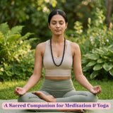 A dark blue lovenspire 108 mala bead necklace with natural healing crystal gemstones worn by a woman in meditation