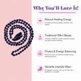 Lovenspire dark blue round-beaded 108 mala necklace with black tassel gold accent for yoga meditation and healing