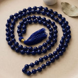 Lovenspire deep blue spherical 108 mala beads necklace with gold accent tassel for yoga meditation and healing