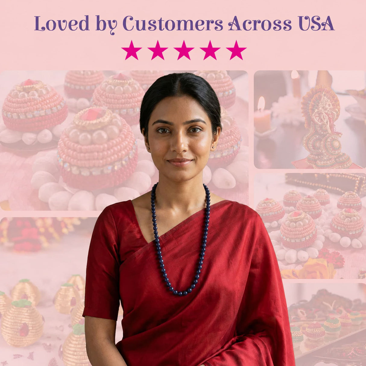 A woman in a deep red sari wearing a Lovenspire 108 mala beads dark blue beaded natural healing crystal necklace