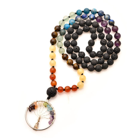 Colorful beaded chakra necklace with Tree of Life pendant for meditation and healing