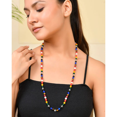 Colorful beaded necklace featuring natural healing crystal gemstones for yoga and meditation