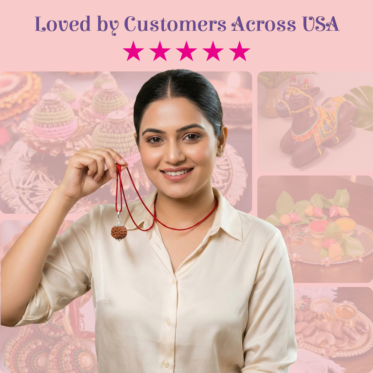 Certified Rudraksha Pendant Mala Prayer Bead Handmade Astrological Shiva Necklace Jewelry for Men Women 3 to 6 Mukhi Rudraksh with Silver Plated on Red Cotton Cord