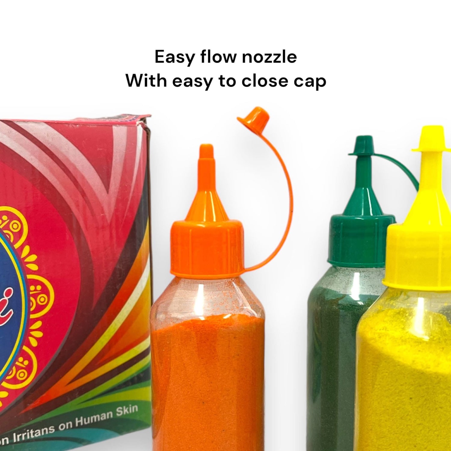 Colorful powder-filled bottles with easy-close caps on Rangoli Mat Reusable Portable MDF Rangoli Template