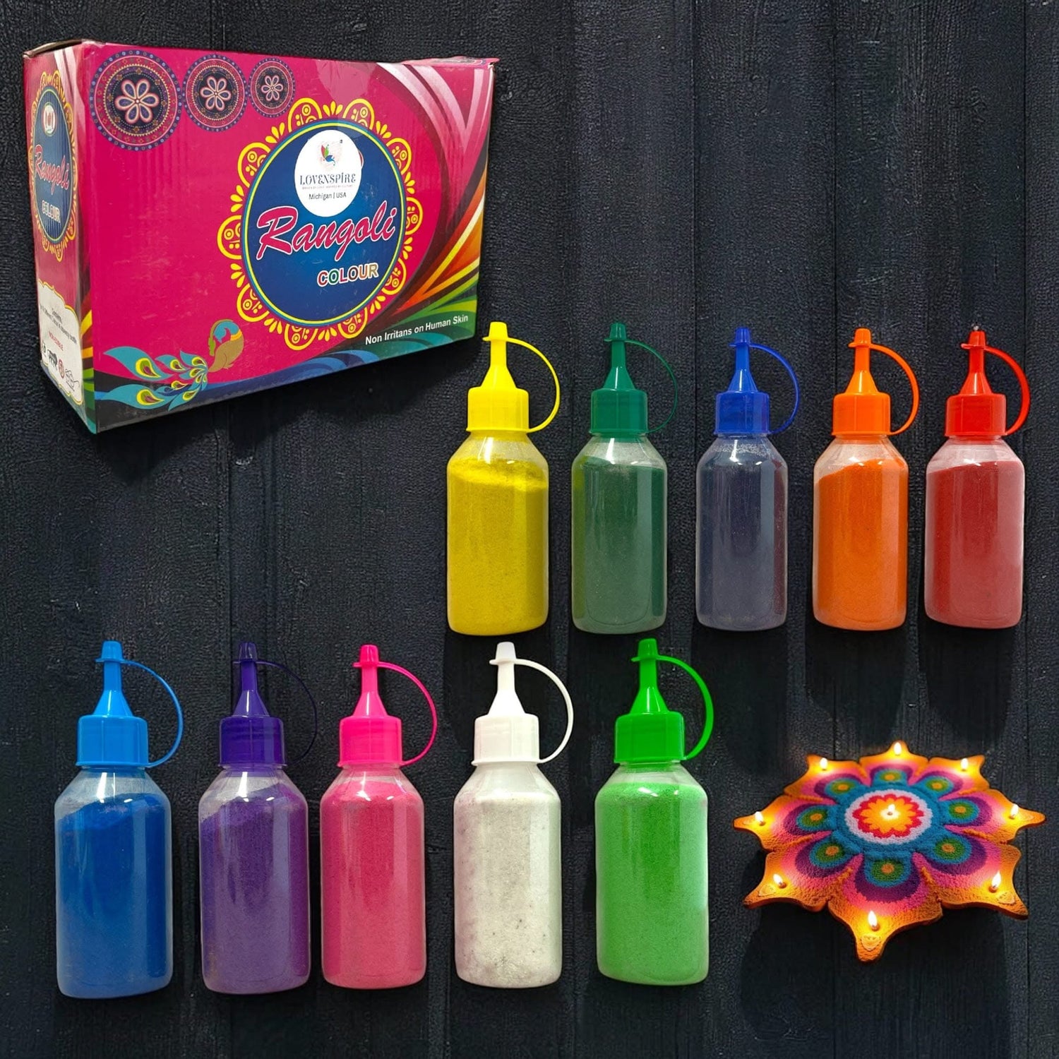 Colorful Rangoli color set displayed on reusable portable MDF Rangoli template for Indian festivals