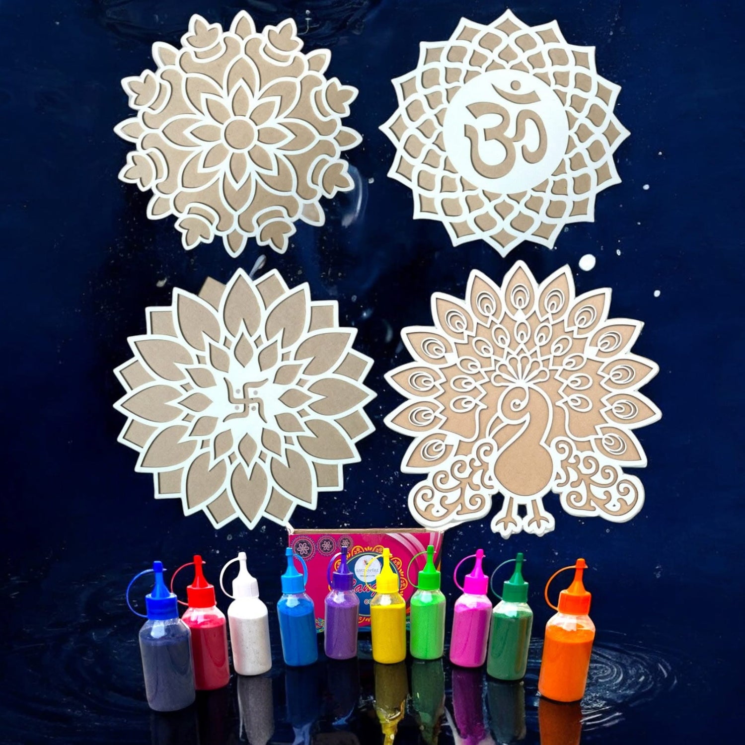 Reusable portable MDF Rangoli template kit for Diwali Navratri Puja decorations