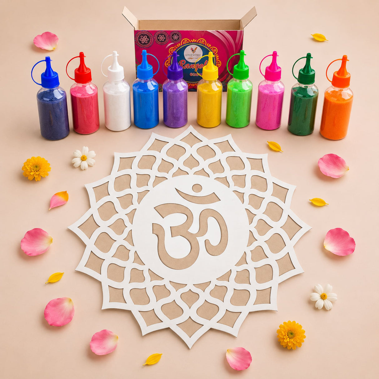 White laser-cut mdf rangoli mat with om symbol mandala design reusable 12 inch diy stencil for traditional indian decor