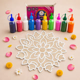 White floral mandala stencil on reusable portable mdf rangoli mat for traditional indian festival decoration diy use
