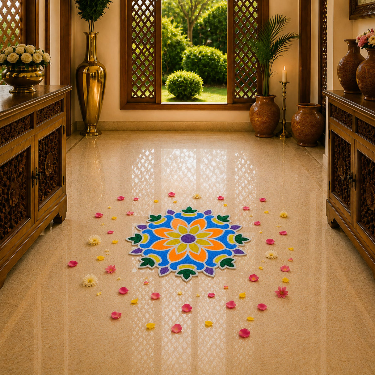 Vibrant multi-colored rangoli mat with central blue and orange floral pattern and green leaves reusable mdf template for diwali decor
