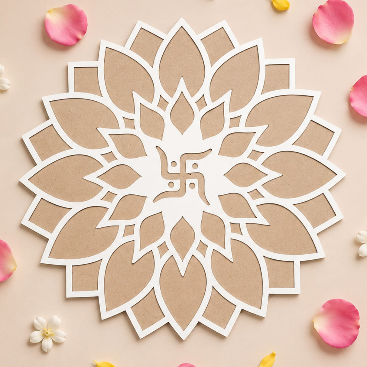 A white and beige reusable portable mdf rangoli mat featuring a mandala with central swastika for diwali decoration