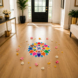 Vibrant multi-colored rangoli design with central blue swastika on wooden floor using 12 inch reusable mdf rangoli mat template