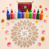 Set of colorful transparent plastic bottles with screw-on caps filled with vibrant powdered dye for rangoli diy decor