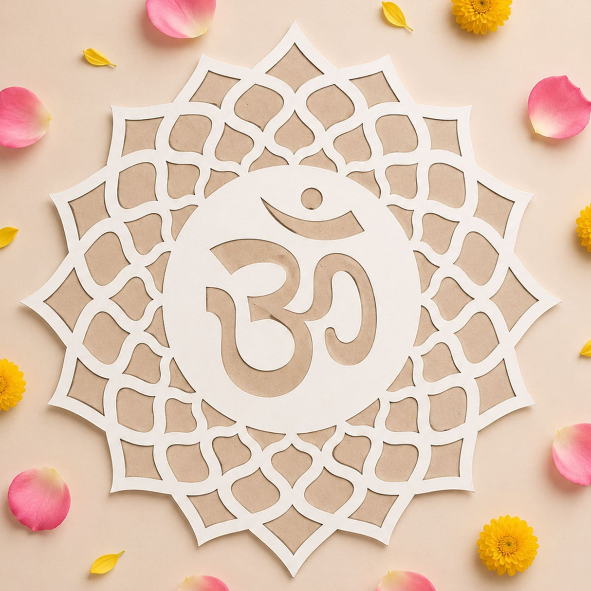 White laser-cut mandala mdf diy reusable rangoli mat with central om symbol and intricate geometric patterns for diwali decor