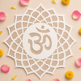 White laser-cut mandala mdf diy reusable rangoli mat with central om symbol and intricate geometric patterns for diwali decor