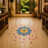 12 inch diy mdf reusable rangoli mat with vibrant blue and orange floral pattern and green leaf decorations