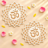 Two cream-colored paper mandala wall hangings with om symbol for 12-inch diy mdf reusable rangoli stencil decor