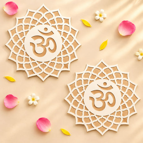 Two cream-colored paper mandala wall hangings with om symbol for 12-inch diy mdf reusable rangoli stencil decor