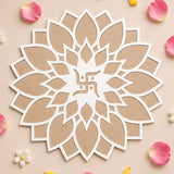 A white and beige paper cutout mandala with central swastika on 12 inch mdf reusable rangoli mat for diwali decoration