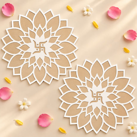 Two beige and white mdf paper cutout rangoli stencils with intricate floral mandala designs and central swastika symbol for diwali decor