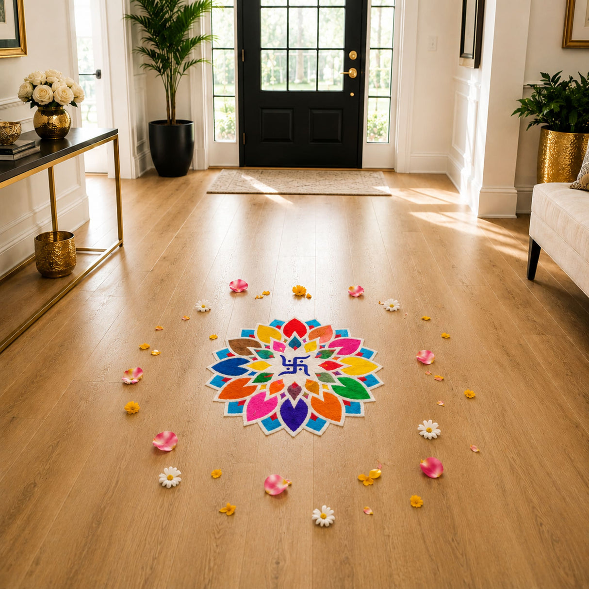 12 inch diy mdf reusable rangoli mat featuring vibrant multi-colored rangoli with a central blue swastika on wood floor