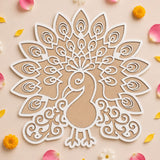 White laser-cut peacock 12 inch diy mdf reusable rangoli mat with intricate feather patterns and beige inner layer