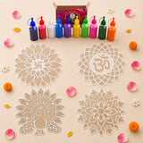 Set of colorful paint bottles with assorted hues and decorative paper cutouts for 12 inch diy mdf reusable rangoli mat kit