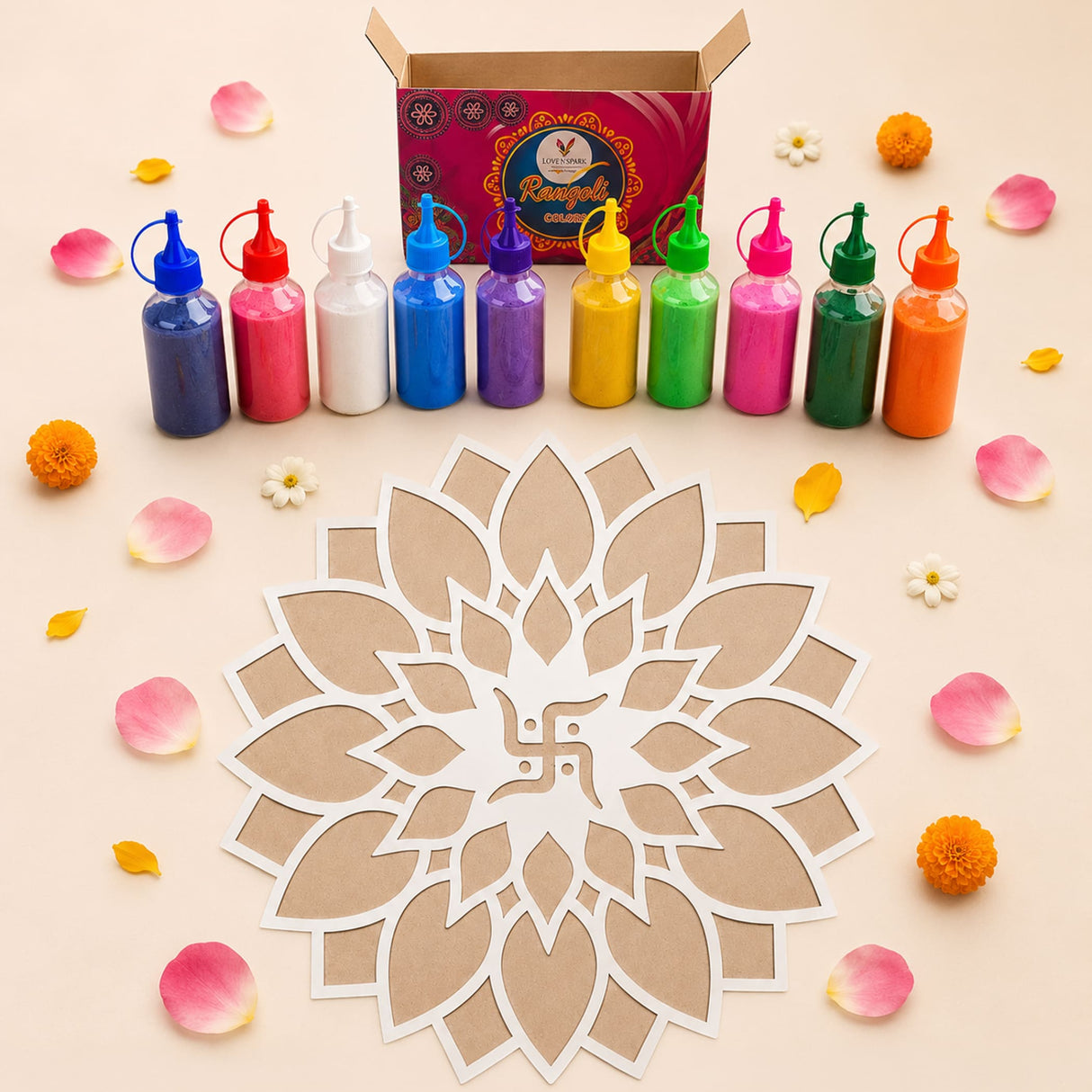 Set of colorful transparent plastic bottles with screw-on caps filled with vibrant powdered dye for diy mdf reusable rangoli mat kit