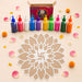 Set of colorful transparent plastic bottles with screw-on caps filled with vibrant powdered dye for diy mdf reusable rangoli mat kit