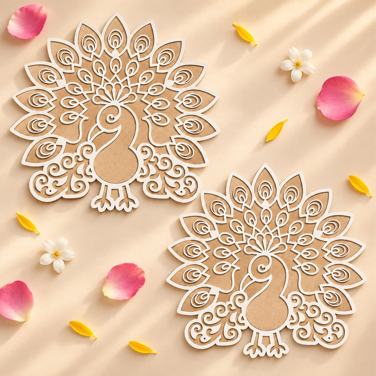12-inch diy mdf white peacock-shaped reusable rangoli mat with detailed feather patterns for diwali decorations