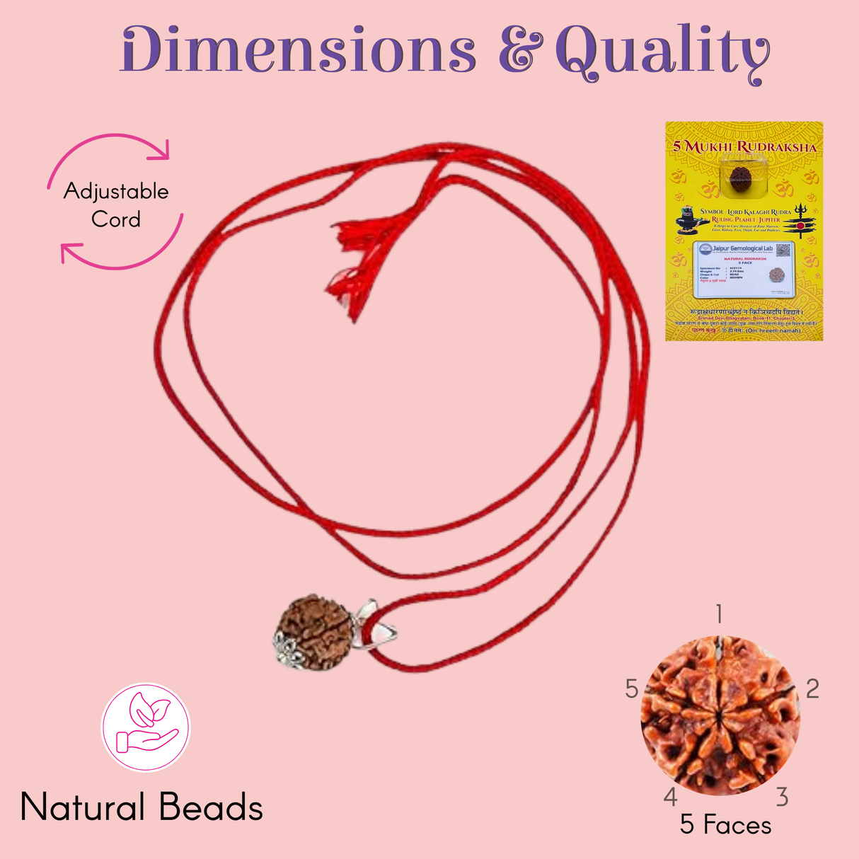 Certified Rudraksha Pendant Mala Prayer Bead Handmade Astrological Shiva Necklace Jewelry for Men Women 3 to 6 Mukhi Rudraksh with Silver Plated on Red Cotton Cord