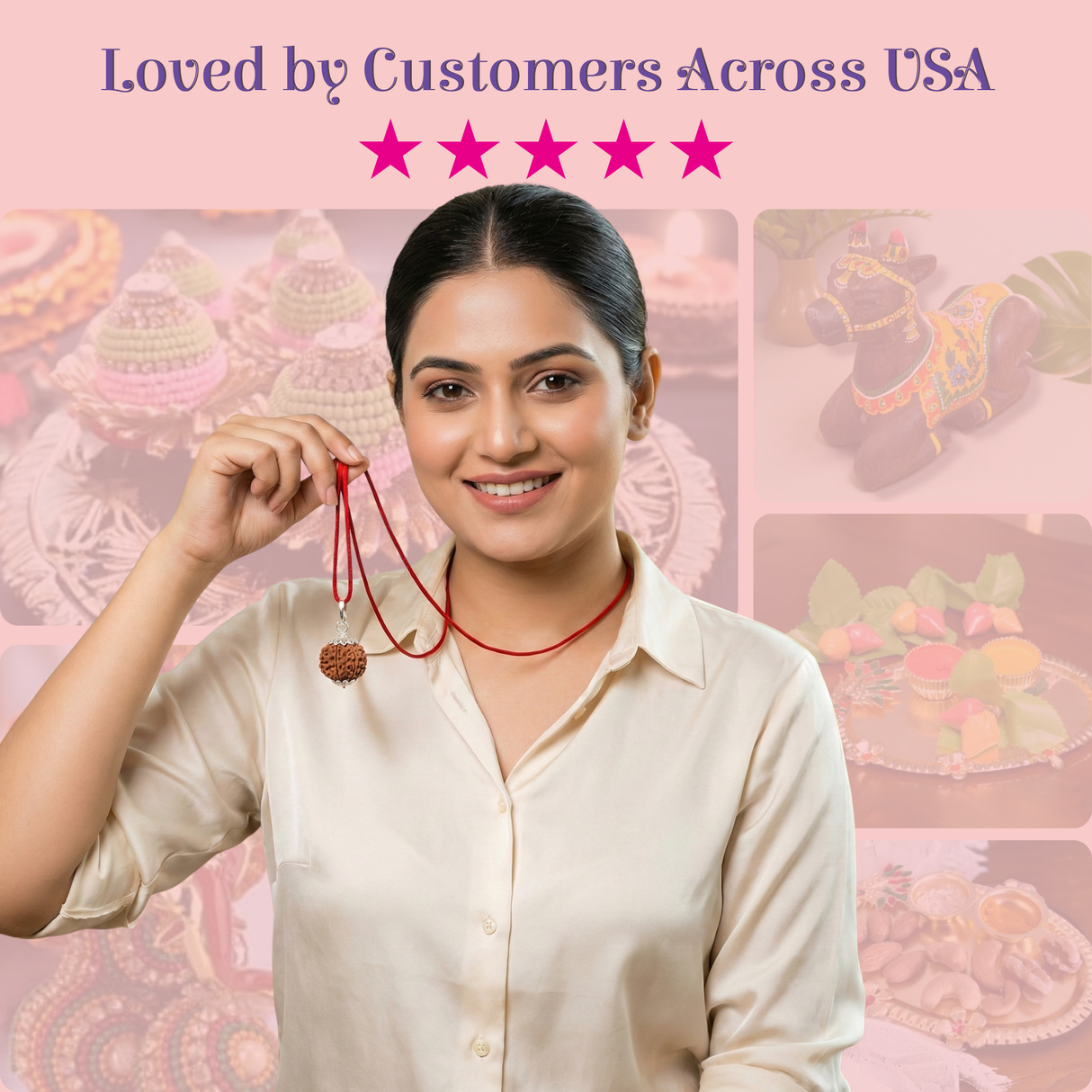 Certified Rudraksha Pendant Mala Prayer Bead Handmade Astrological Shiva Necklace Jewelry for Men Women 3 to 6 Mukhi Rudraksh with Silver Plated on Red Cotton Cord