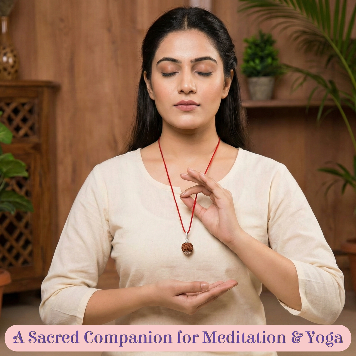 Certified Rudraksha Pendant Mala Prayer Bead Handmade Astrological Shiva Necklace Jewelry for Men Women 3 to 6 Mukhi Rudraksh with Silver Plated on Red Cotton Cord