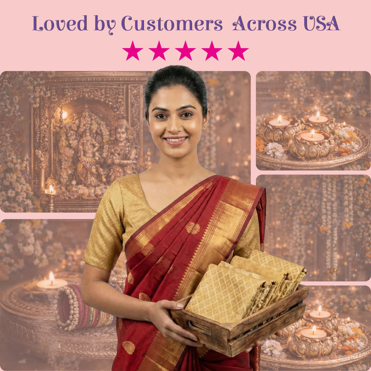 Woman in red gold saree holding wooden tray with golden brocade fabric
