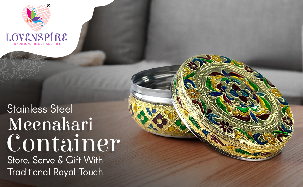 Meenakari Stainless Steel Storage Box with Lid (250gm) Decorative Round Indian Food Container for Sweets, Kitchen Items & Return Gift Favors