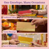 Red gold-embossed shagun envelope with intricate patterns for Diwali Eid gifts