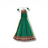 Vibrant green pleated Gudi Vastra skirt with brown gold trim, tassels, 23.5 inch